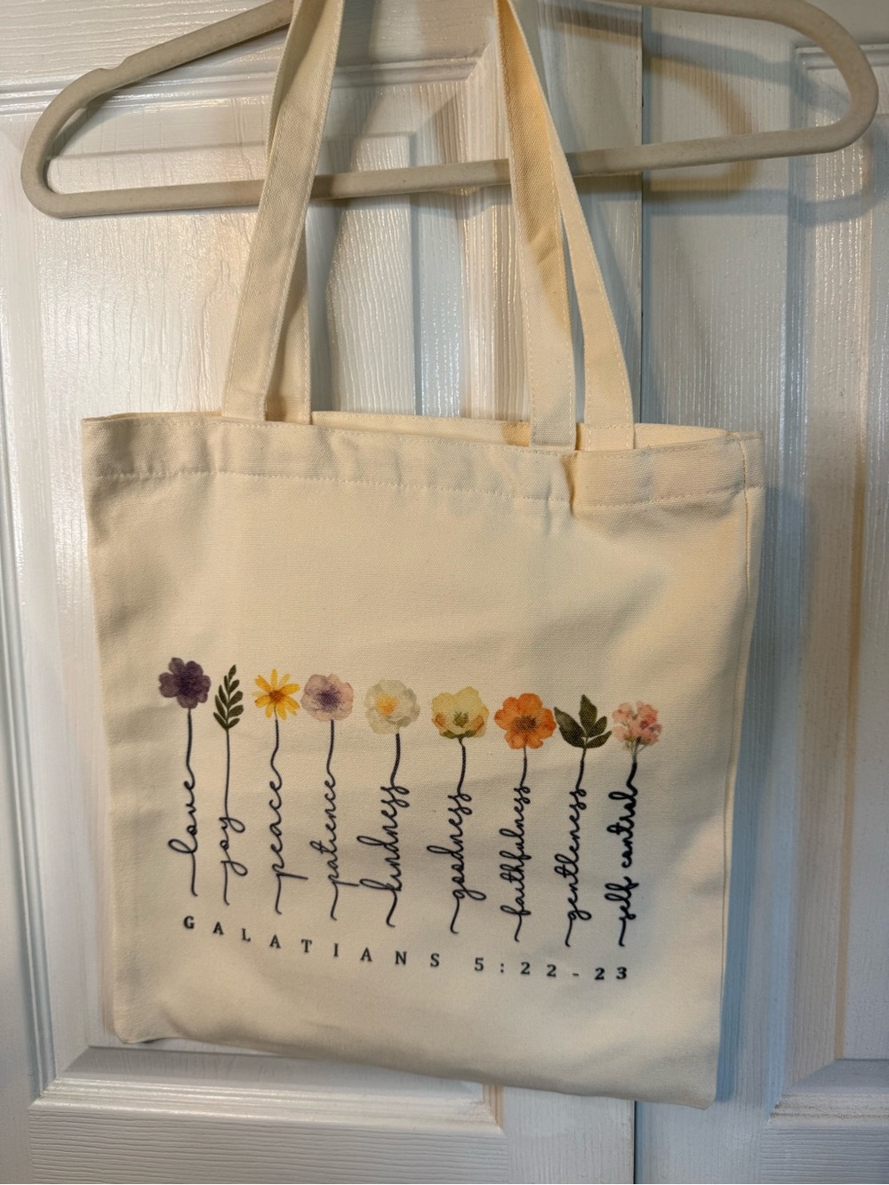 Canvas Floral Scripture Tote Bag in Cream Galatians 5:22-23